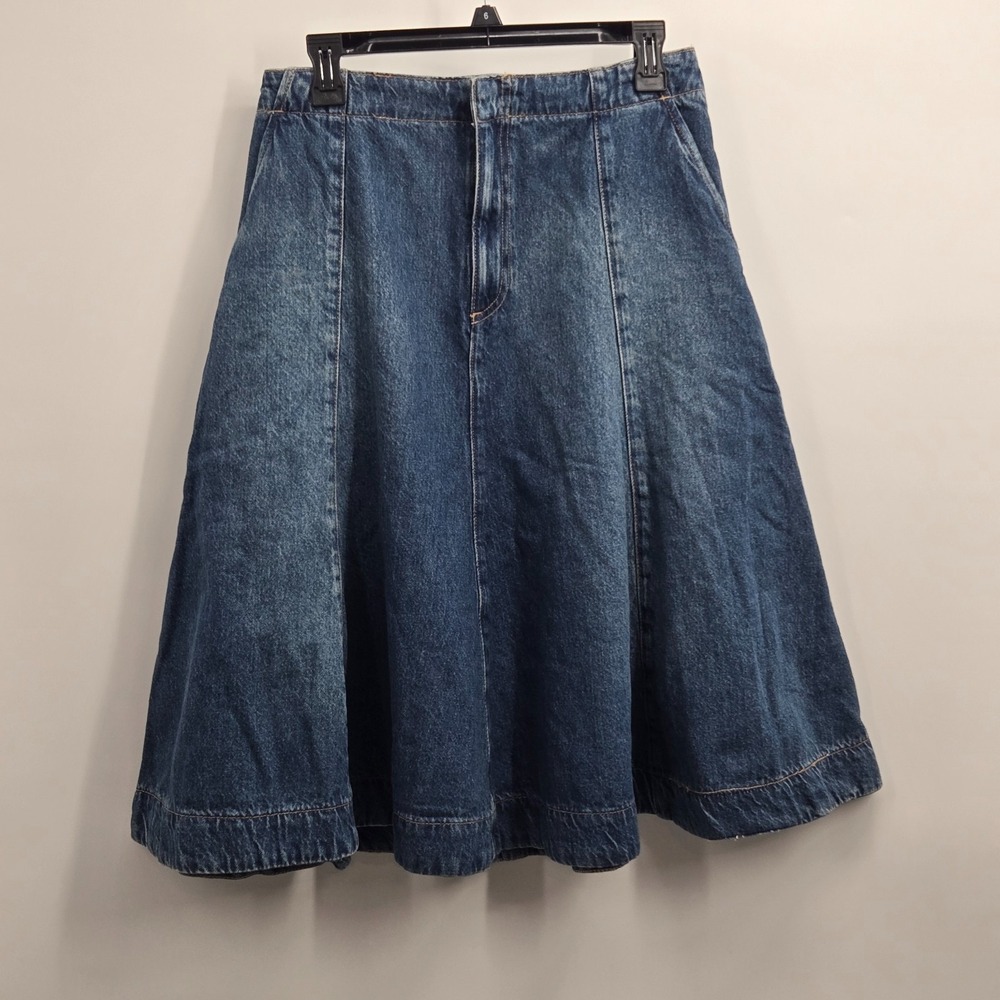 Mango MNG A Line Denim Skirt Size Medium Fit Flare Dark Wash Pockets Midi Length
